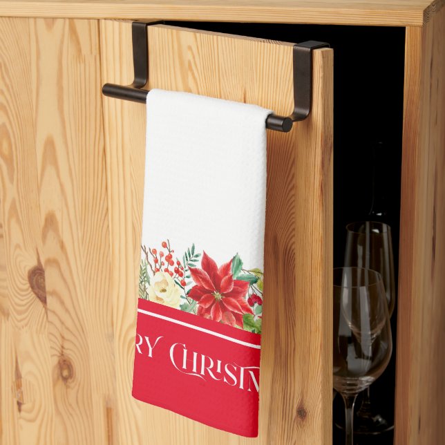Merry Christmas typography & poinsettia border Tea Towel (Thirds Fold)