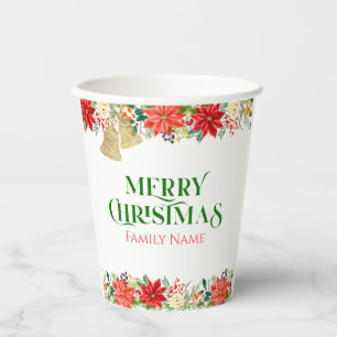 Merry Christmas typography & poinsettia Paper Cups