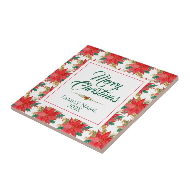 Merry Christmas Typography & Poinsettia Pattern Tile (Side)