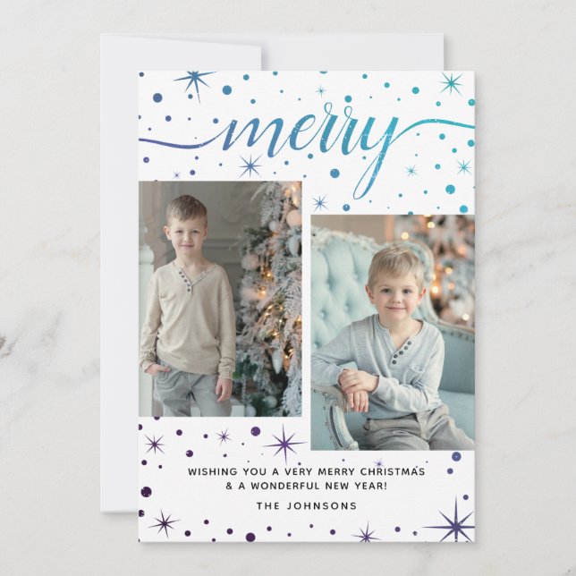 Merry Christmas Typography Purple + Teal 2-Photo Holiday Card (Front)