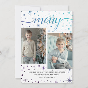 Merry Christmas Typography Purple + Teal 2-Photo Holiday Card