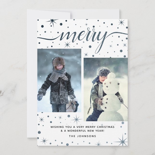 Merry Christmas Typography Purple + Teal 2-Photo Holiday Card (Front)