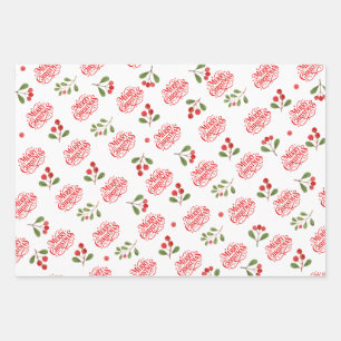 Merry Christmas Typography Red Berries Foliage Wrapping Paper Sheet
