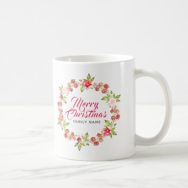 Merry Christmas Typography & Red Berries Wreath Coffee Mug (Right)