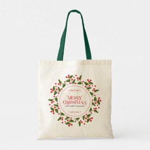 Merry Christmas typography & red berries wreath Tote Bag