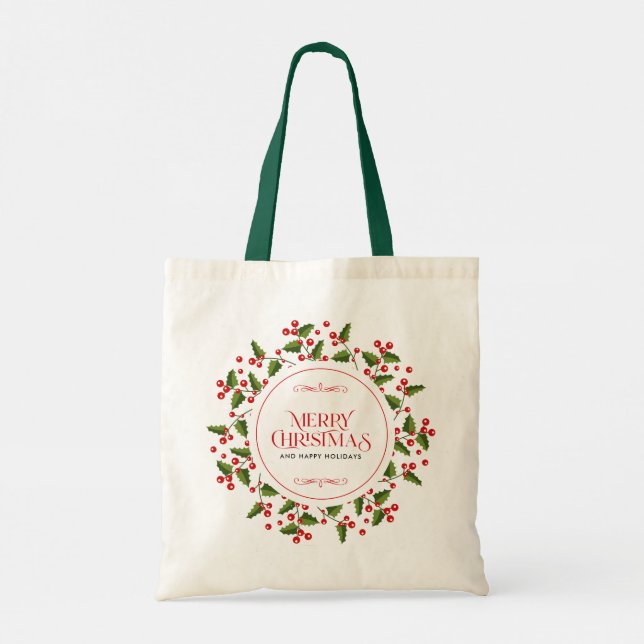 Merry Christmas typography & red berries wreath Tote Bag (Back)