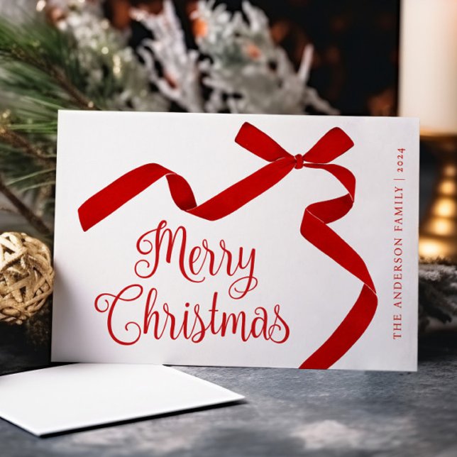 Merry Christmas Typography Red Bow Holiday Card (Creator Uploaded)