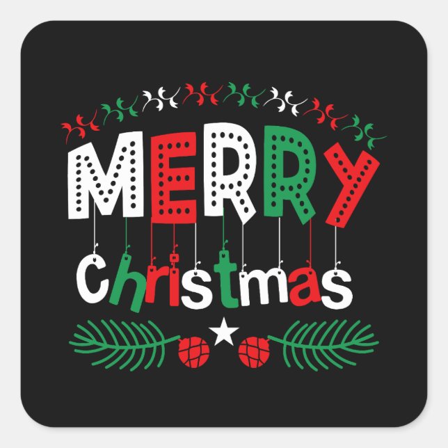 Merry Christmas Typography Red Green Colourful Square Sticker (Front)