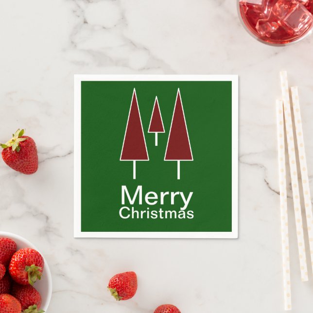 Merry Christmas Typography Red Green Pine Trees Napkin (Insitu)