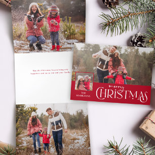 Merry Christmas Typography Red Multi-Photo Tri-Fold Holiday Card
