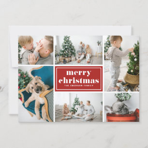 Merry Christmas Typography Red Photo Collage Holiday Card