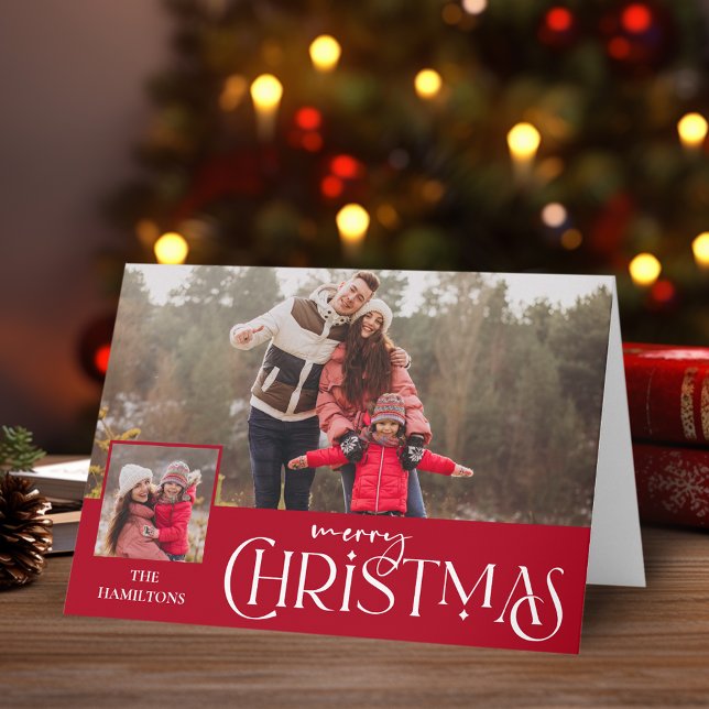 Merry Christmas Typography Red Two-Photo Card (Creator Uploaded)