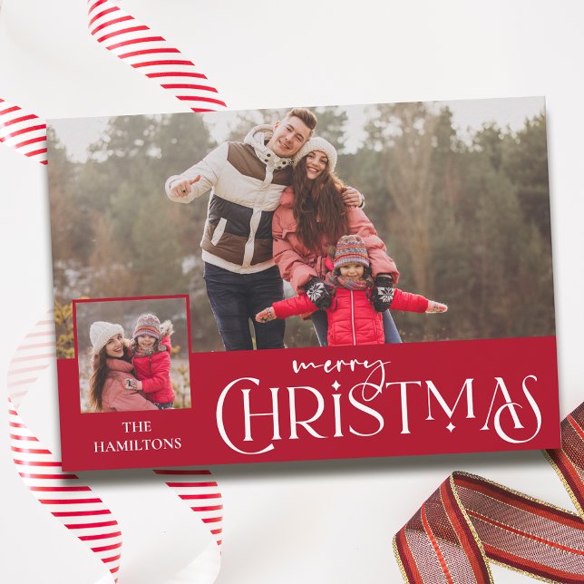 Merry Christmas Typography Red Two-Photo Holiday Card (Creator Uploaded)