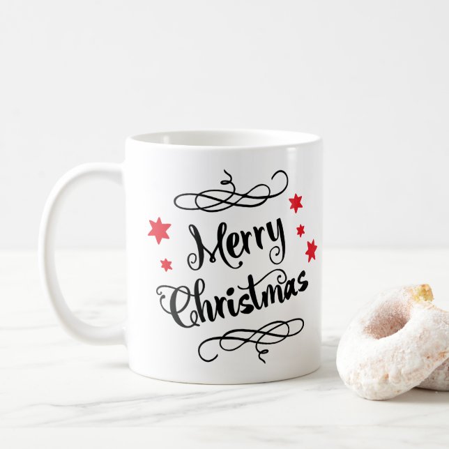 Merry Christmas Typography Red White Coffee Mug (With Donut)