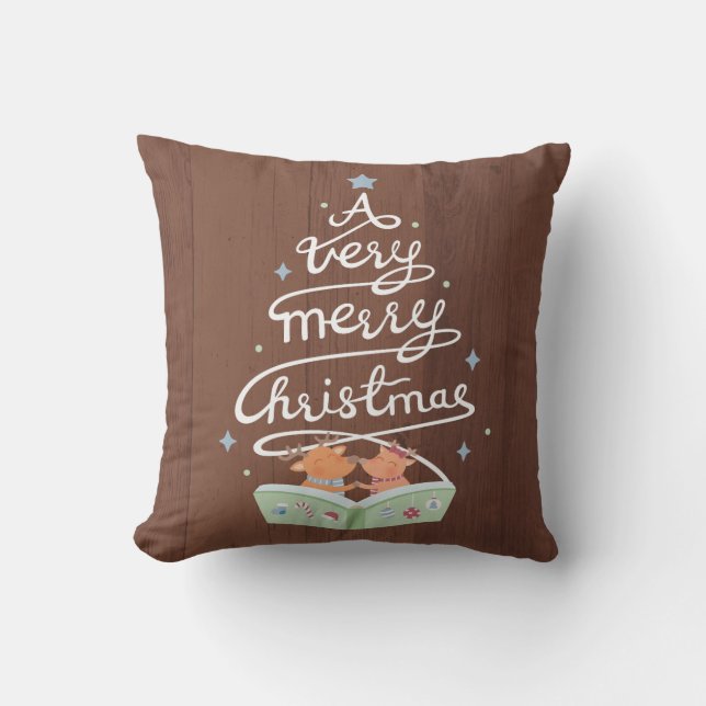 Merry Christmas Typography Reindeers Throw Pillow (Front)