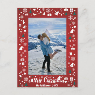 Merry Christmas Typography Snow Red Family Photo Postcard