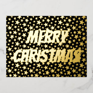 Merry Christmas typography stars black and gold Foil Holiday Postcard