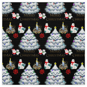 Merry Christmas typography Tree Candles Polar Bear Fabric
