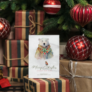 Merry Christmas typography, White Bear, Red Robin  Invitation