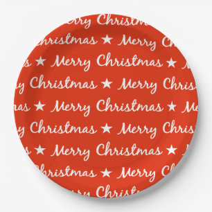 Merry Christmas Typography White Red Pattern Paper Plate