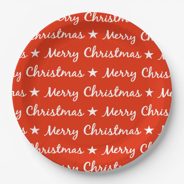 Merry Christmas Typography White Red Pattern Paper Plate (Front)