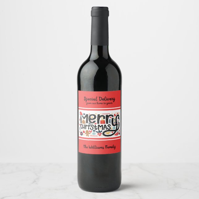 Merry Christmas Typography Wine Label (Front)