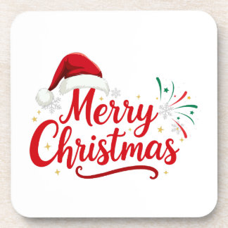 Merry Christmas Typography with Santa Hat and Snow Coaster