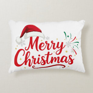 Merry Christmas Typography with Santa Hat and Snow Decorative Cushion