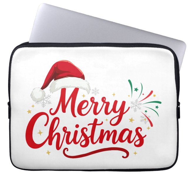 Merry Christmas Typography with Santa Hat and Snow Laptop Sleeve (Front)