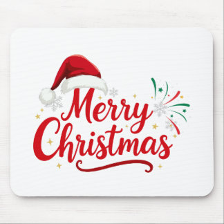 Merry Christmas Typography with Santa Hat and Snow Mouse Mat