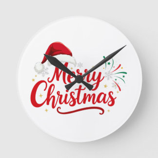 Merry Christmas Typography with Santa Hat and Snow Round Clock