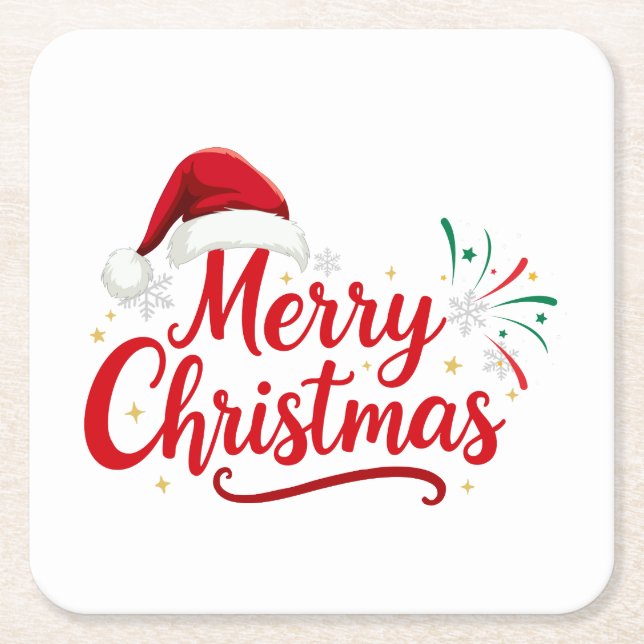 Merry Christmas Typography with Santa Hat and Snow Square Paper Coaster (Front)