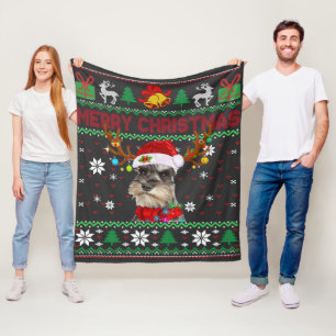 Merry Christmas Ugly Dog Schnauzer Santa Hat Fleece Blanket