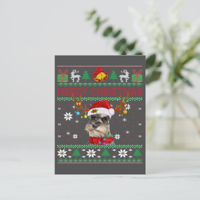 Merry Christmas Ugly Dog Schnauzer Santa Hat Postcard (Standing Front)