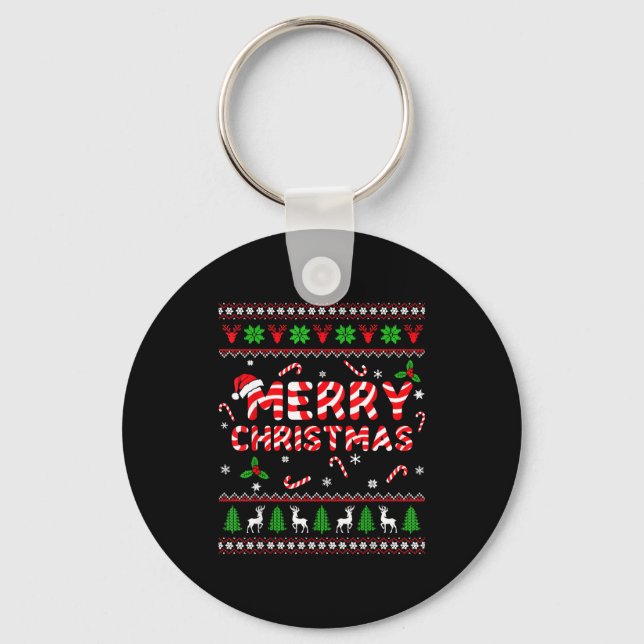 Merry Christmas Ugly Sweater Candy Cane Men Women  Key Ring (Front)