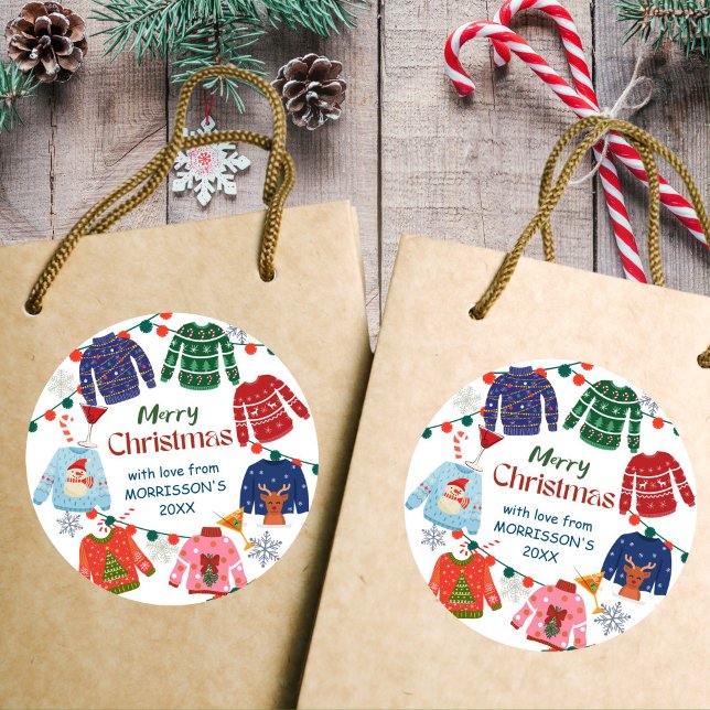 Merry Christmas Ugly sweater party funny Classic Round Sticker (Merry Christmas Ugly sweater party funny Stickers Christmas stickers)