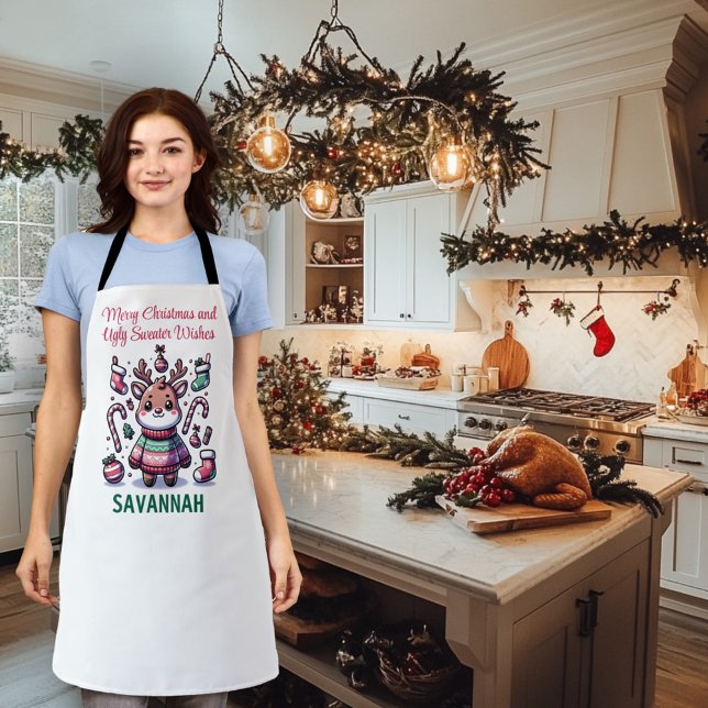 Merry Christmas & Ugly Sweater Wishes Reindeer Apron (Creator Uploaded)