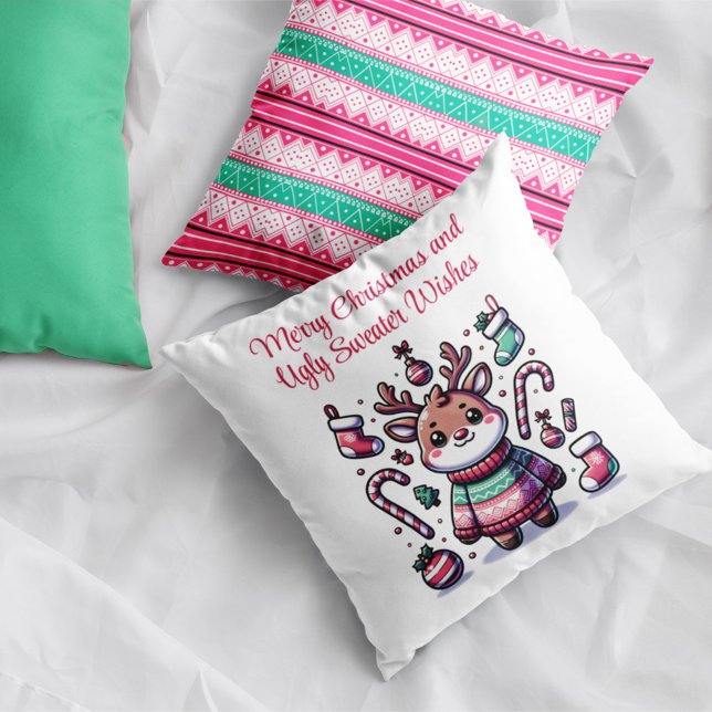 Merry Christmas & Ugly Sweater Wishes Reindeer Cushion (Creator Uploaded)