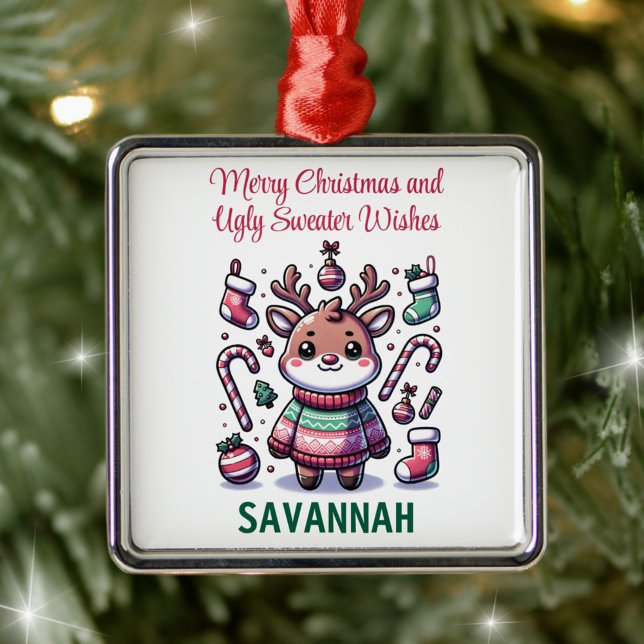 Merry Christmas & Ugly Sweater Wishes Reindeer Metal Tree Decoration (Creator Uploaded)