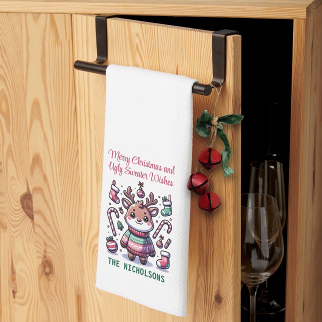 Merry Christmas & Ugly Sweater Wishes Reindeer Tea Towel (Creator Uploaded)