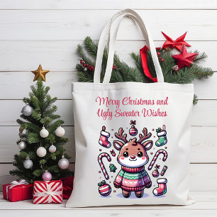 Merry Christmas & Ugly Sweater Wishes Reindeer Tote Bag