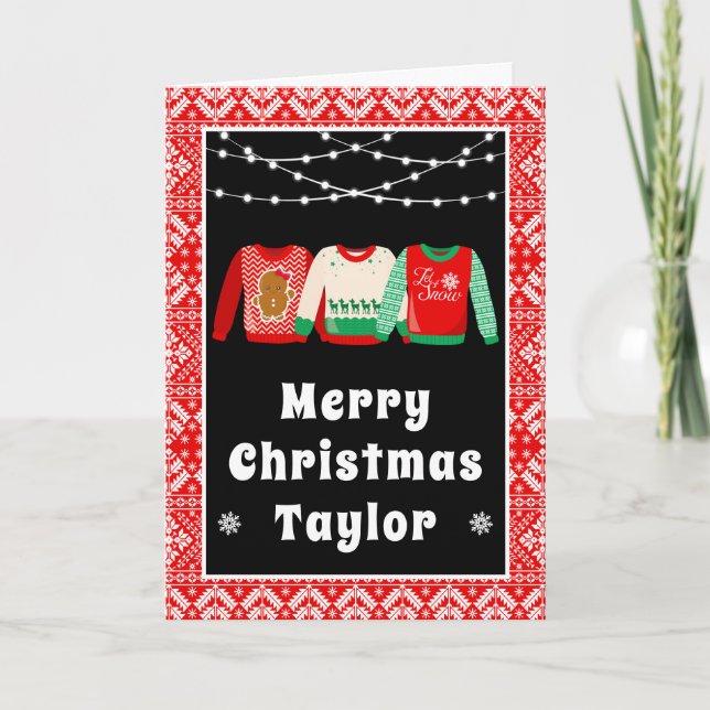 Merry Christmas Ugly Sweaters Red with Name Holiday Card (Front)