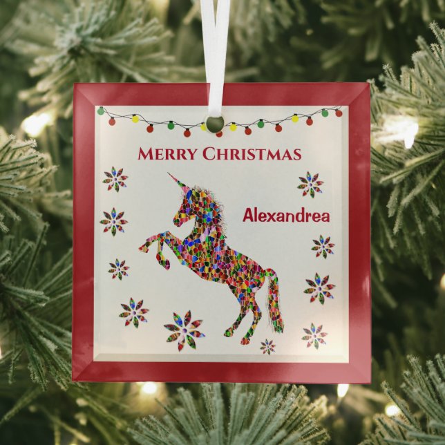 Merry Christmas Unicorn Glitter Personalise Glass Tree Decoration (Insitu)