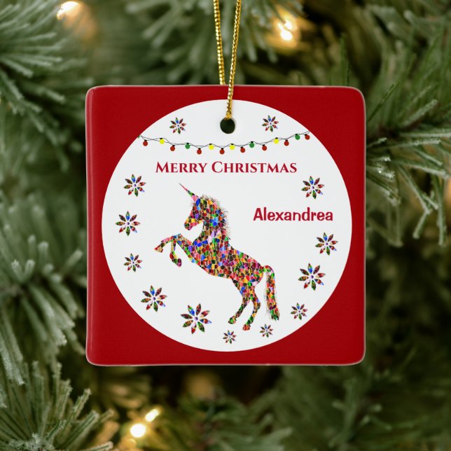 Merry Christmas Unicorn Glitter Personalize   Ceramic Ornament (Tree)