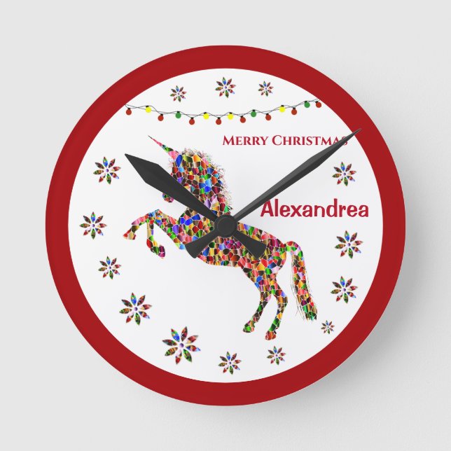 Merry Christmas Unicorn Glitter Personalize   Round Clock (Front)