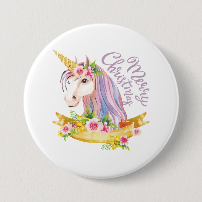 Merry Christmas Unicorn Pin Button (Front)