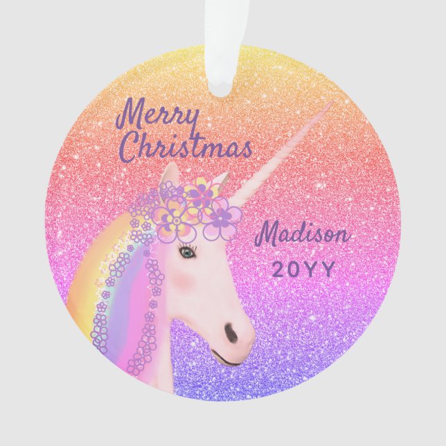 Merry Christmas Unicorn Rainbow Pastel Monogrammed Ornament (Front)