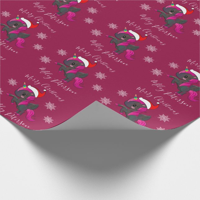 Merry Christmas unicorn & snowflakes personalised Wrapping Paper (Corner)