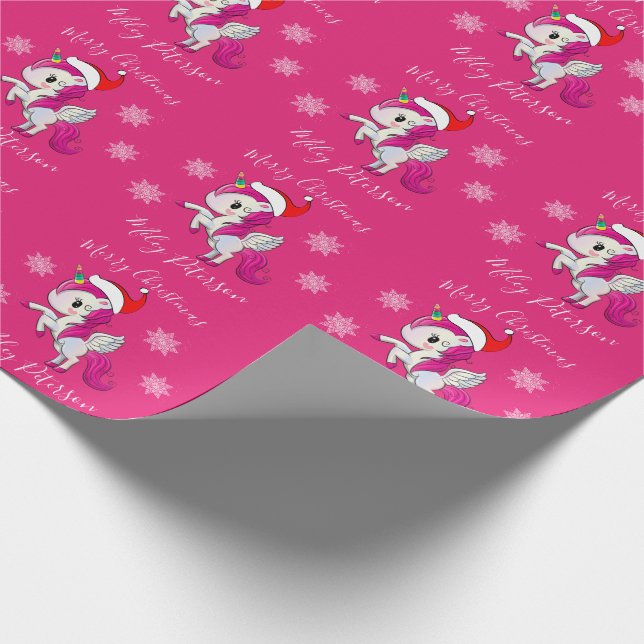 Merry Christmas unicorn & snowflakes personalised Wrapping Paper (Corner)
