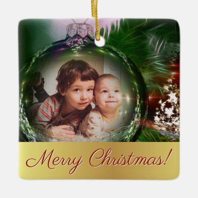 Merry Christmas Unique Fun Bauble Photo Frame Ceramic Ornament (Front)